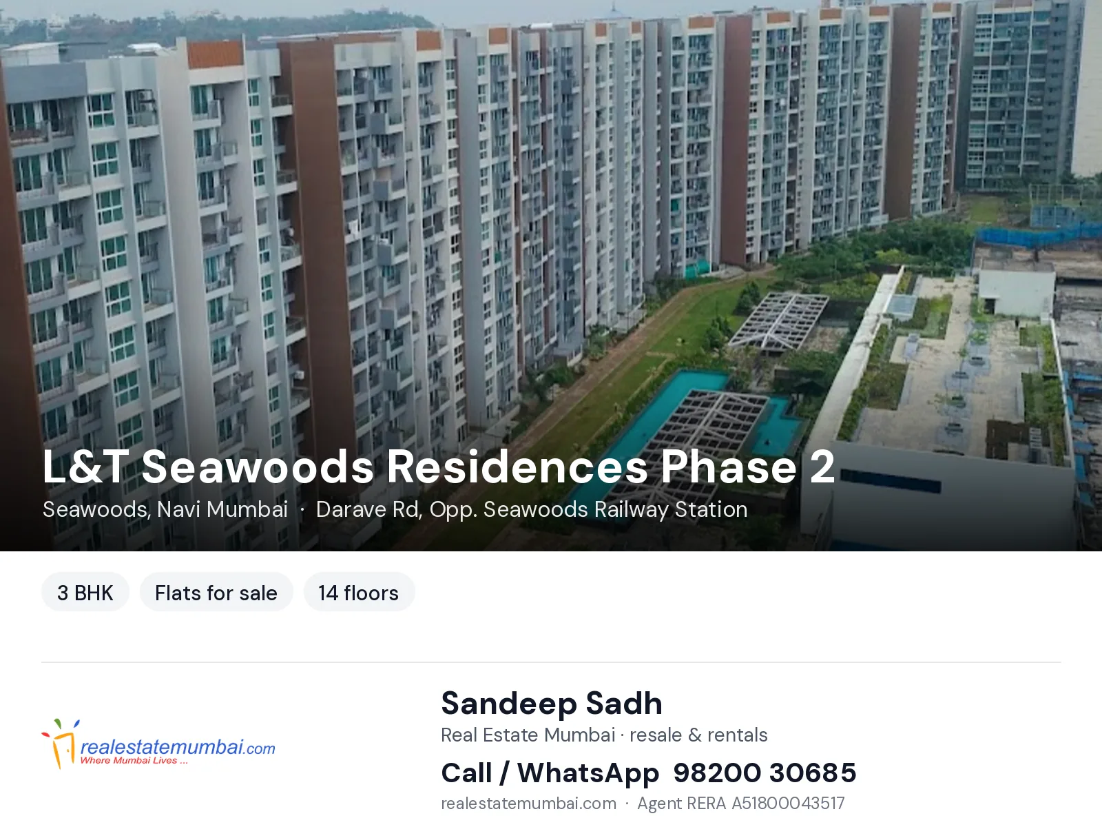 L&T Seawoods Residences Phase 2, Seawoods, Navi Mumbai — 3 BHK flats for sale | Real Estate Mumbai, Sandeep Sadh 98200 30685