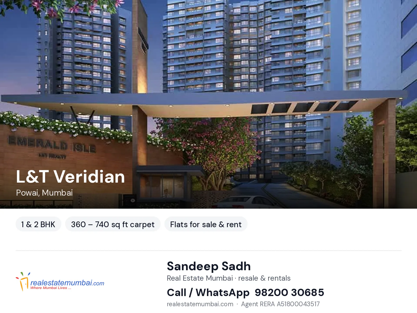 L&T Veridian, Powai, Mumbai — 1 & 2 BHK flats for sale & rent | Real Estate Mumbai, Sandeep Sadh 98200 30685
