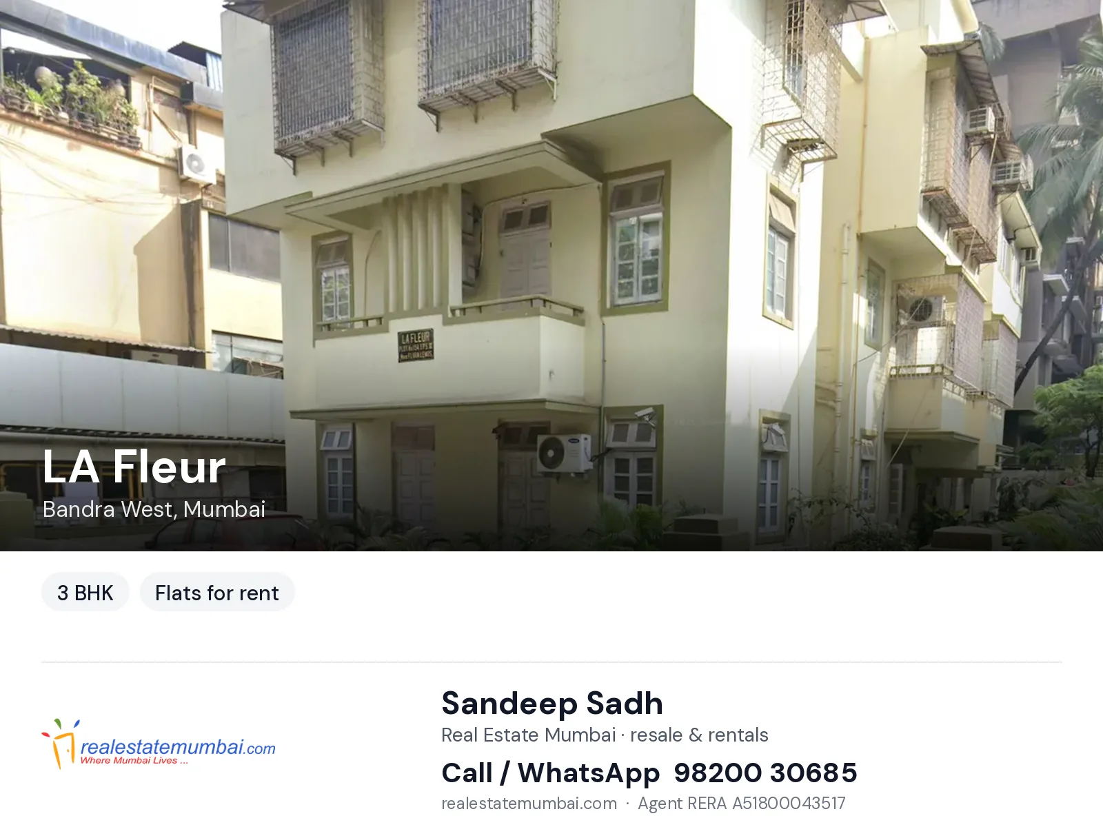LA Fleur, Bandra West, Mumbai — 3 BHK flats for rent | Real Estate Mumbai, Sandeep Sadh 98200 30685