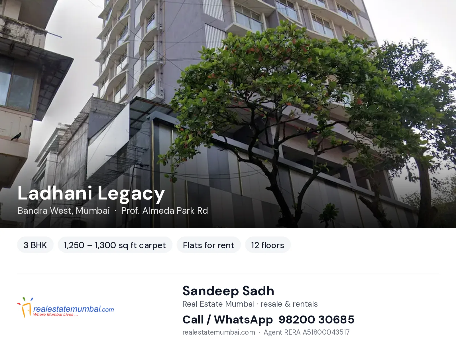 Ladhani Legacy, Bandra West, Mumbai — 3 BHK flats for rent | Real Estate Mumbai, Sandeep Sadh 98200 30685