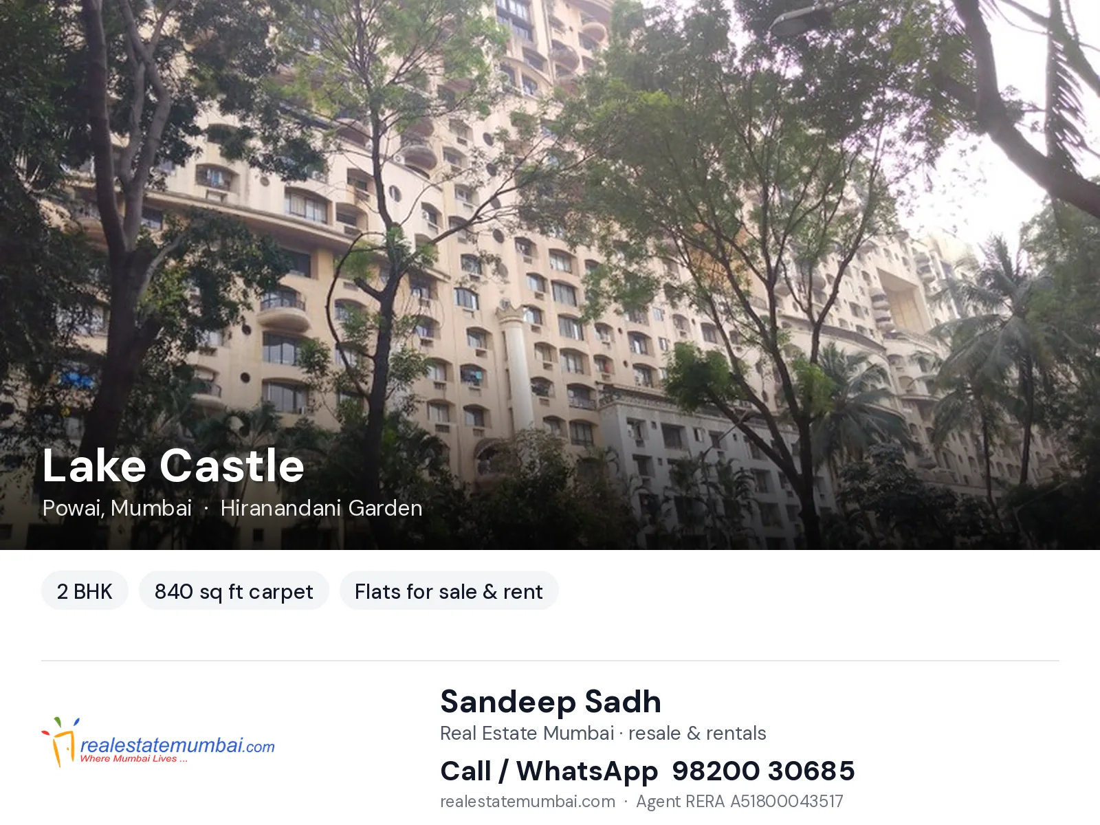 Lake Castle, Powai, Mumbai — 2 BHK flats for sale & rent | Real Estate Mumbai, Sandeep Sadh 98200 30685