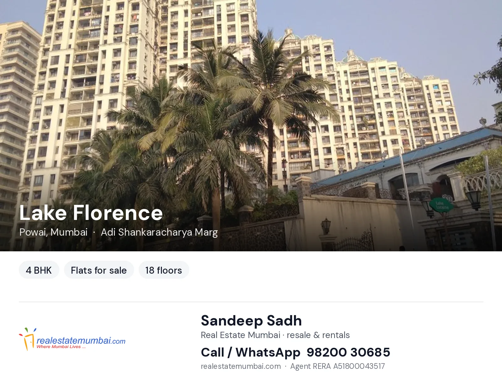 Lake Florence, Powai, Mumbai — 4 BHK flats for sale | Real Estate Mumbai, Sandeep Sadh 98200 30685