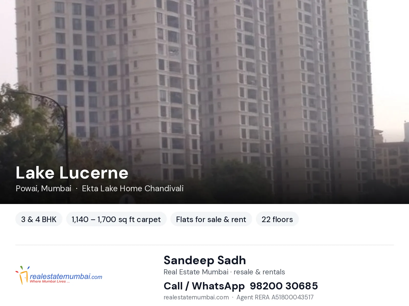 Lake Lucerne, Powai, Mumbai — 3 & 4 BHK flats for sale & rent | Real Estate Mumbai, Sandeep Sadh 98200 30685
