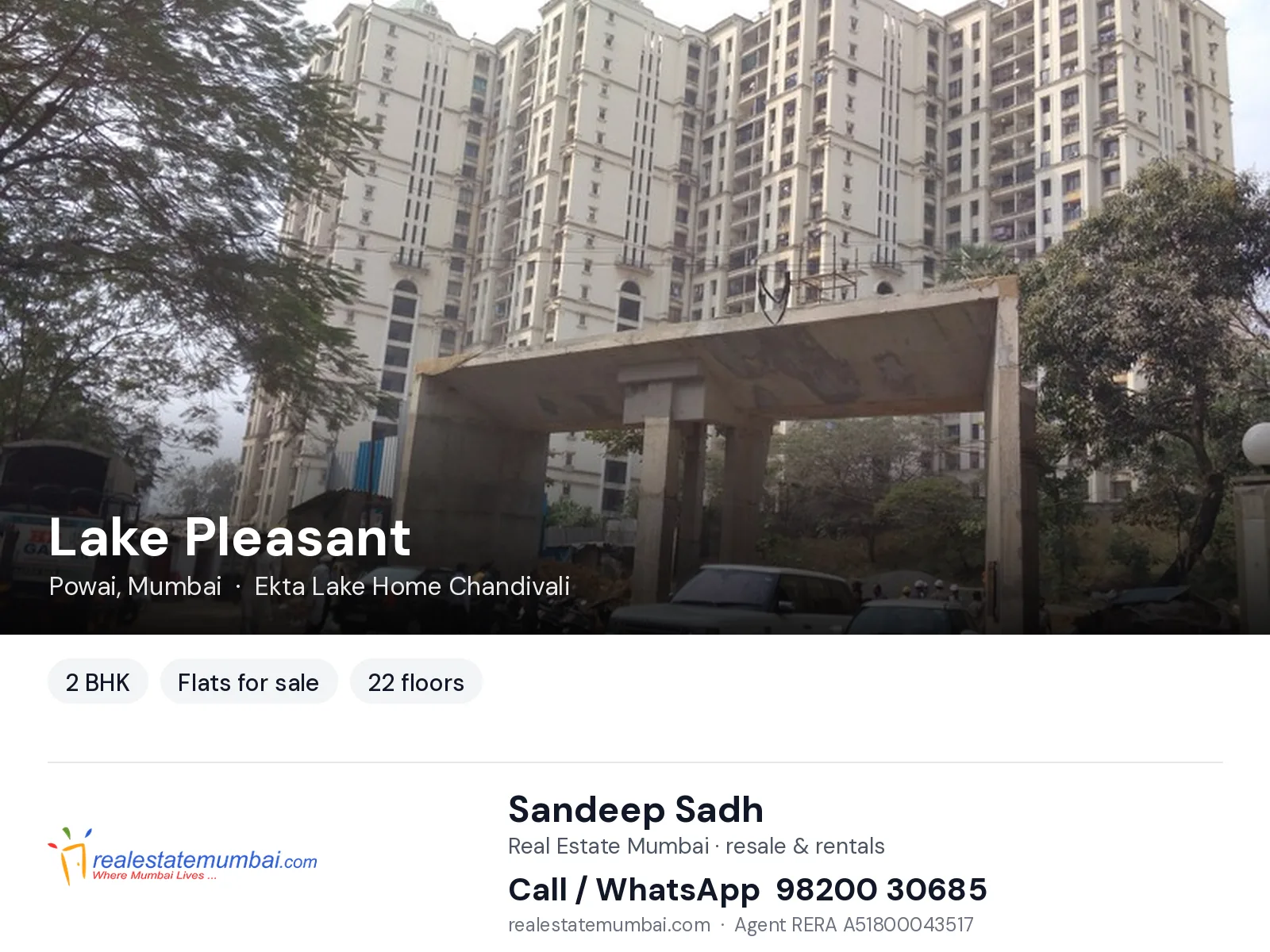 Lake Pleasant, Powai, Mumbai — 2 BHK flats for sale | Real Estate Mumbai, Sandeep Sadh 98200 30685