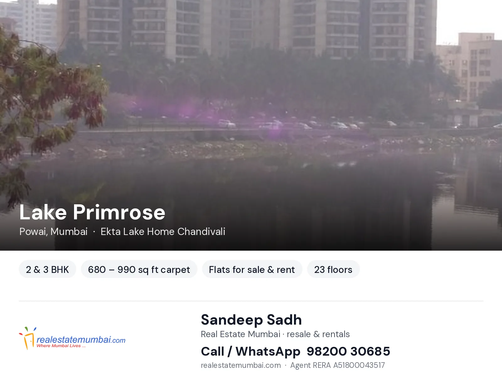 Lake Primrose, Powai, Mumbai — 2 & 3 BHK flats for sale & rent | Real Estate Mumbai, Sandeep Sadh 98200 30685