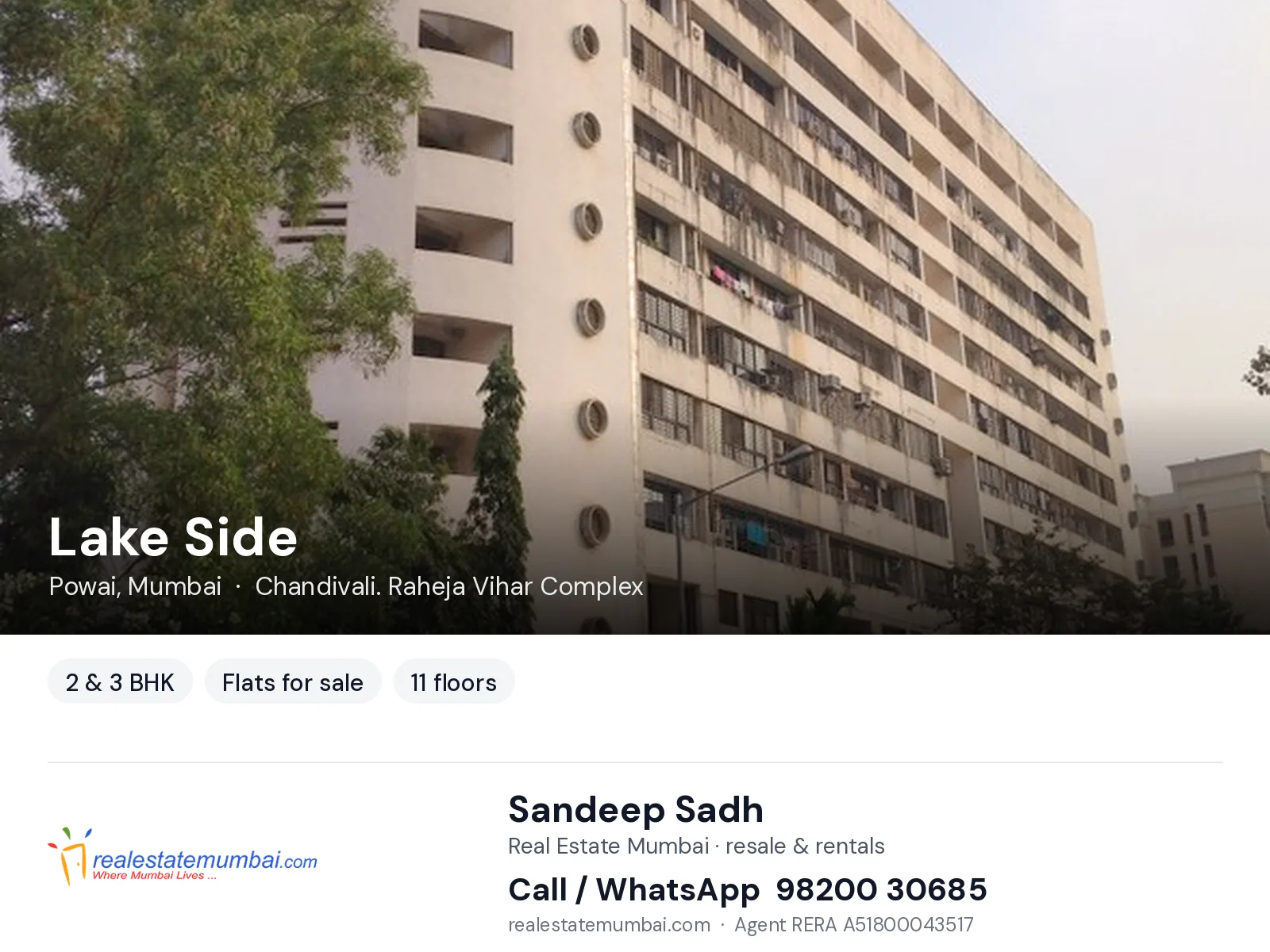 Lake Side, Powai, Mumbai — 2 & 3 BHK flats for sale | Real Estate Mumbai, Sandeep Sadh 98200 30685