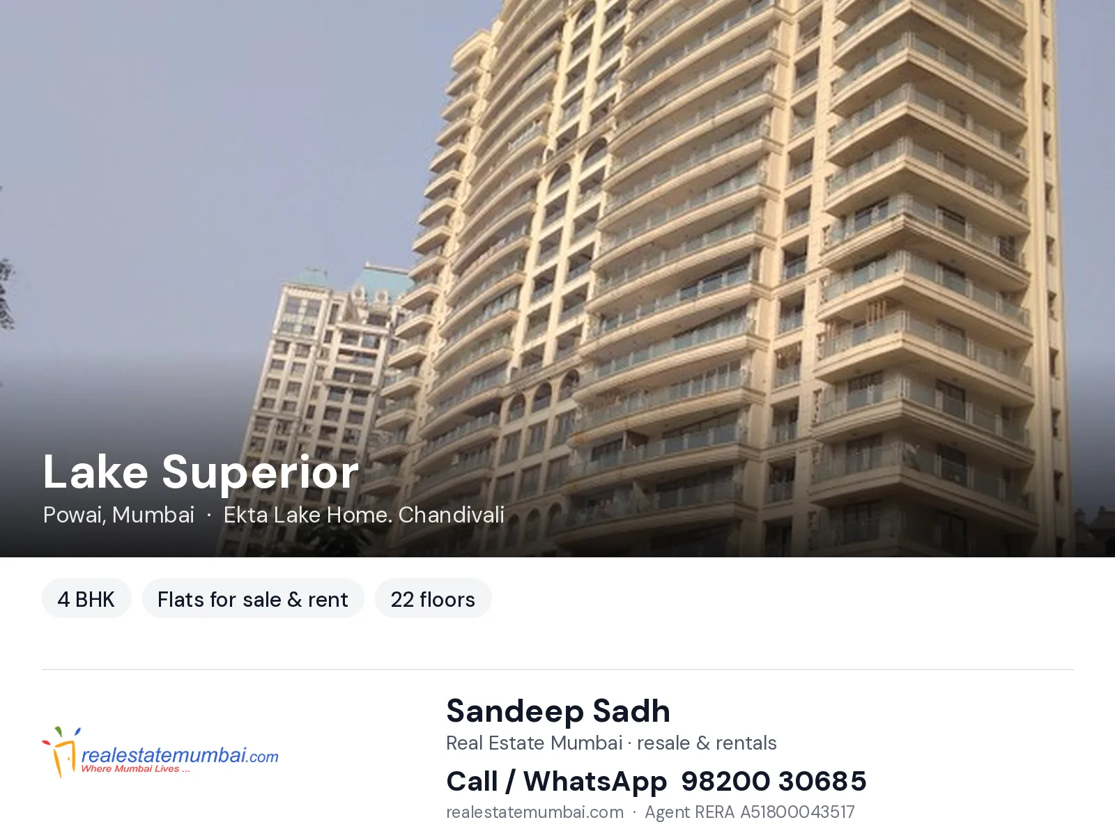 Lake Superior, Powai, Mumbai — 4 BHK flats for sale & rent | Real Estate Mumbai, Sandeep Sadh 98200 30685
