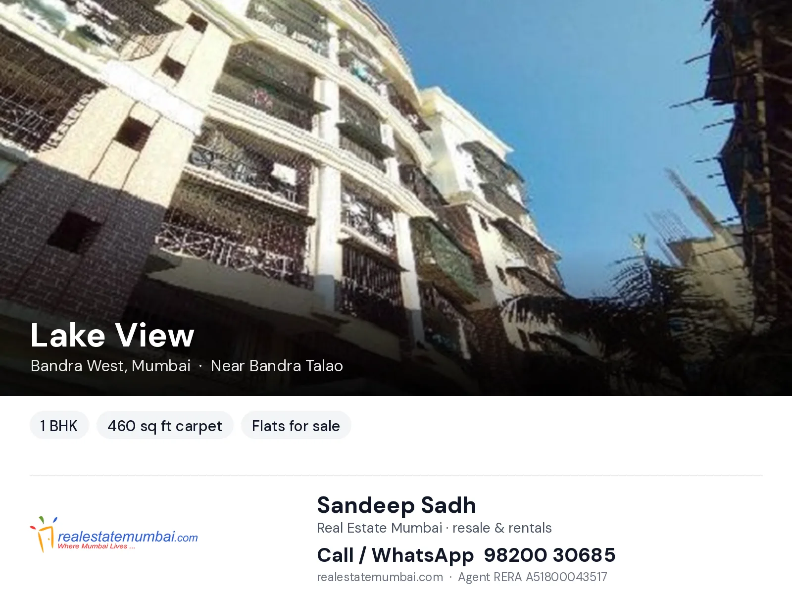 Lake View, Bandra West, Mumbai — 1 BHK flats for sale | Real Estate Mumbai, Sandeep Sadh 98200 30685