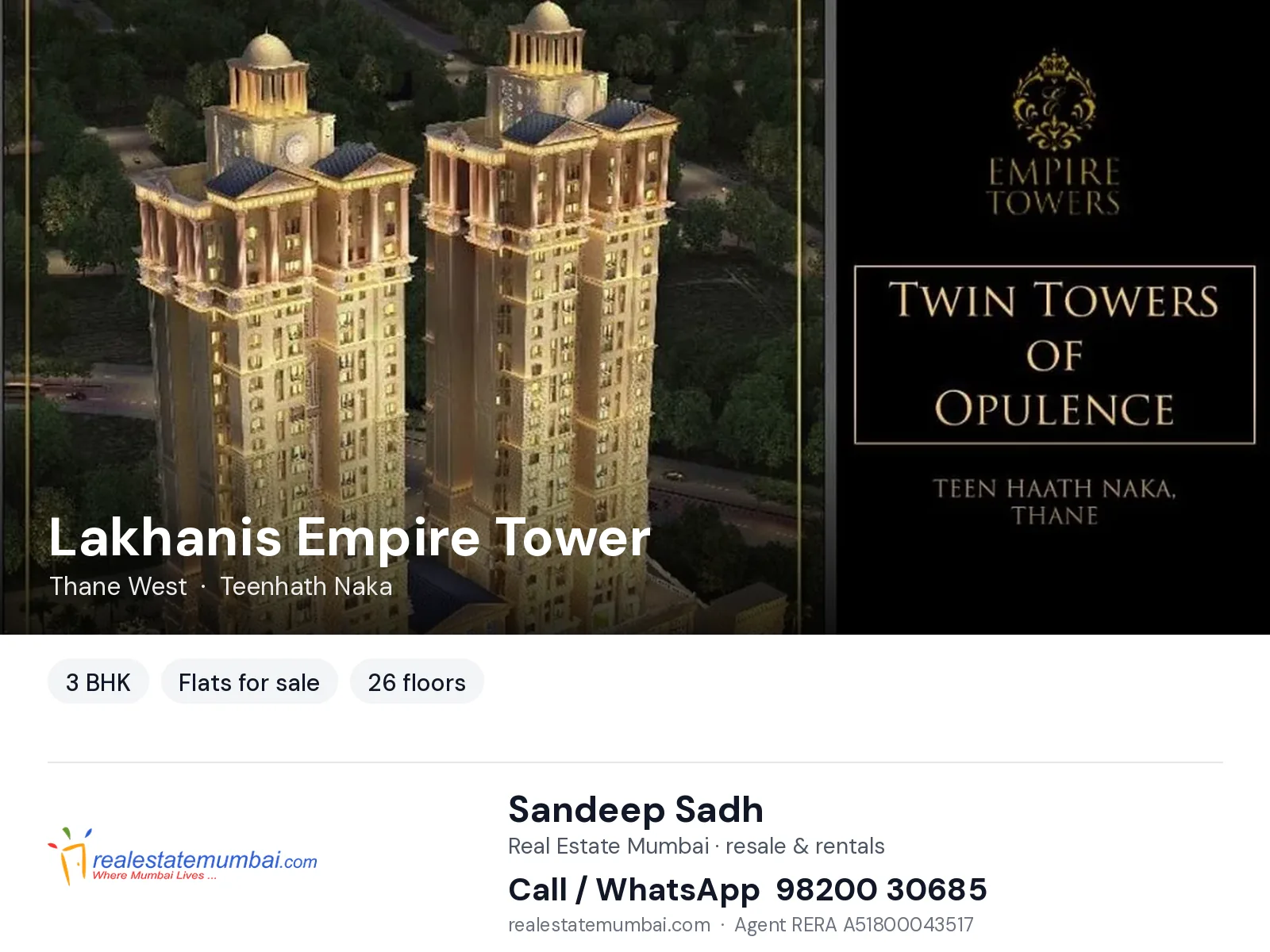 Lakhanis Empire Tower, Thane West — 3 BHK flats for sale | Real Estate Mumbai, Sandeep Sadh 98200 30685