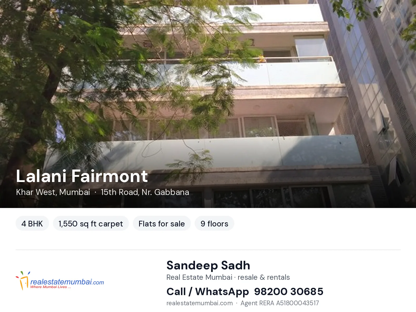 Lalani Fairmont, Khar West, Mumbai — 4 BHK flats for sale | Real Estate Mumbai, Sandeep Sadh 98200 30685