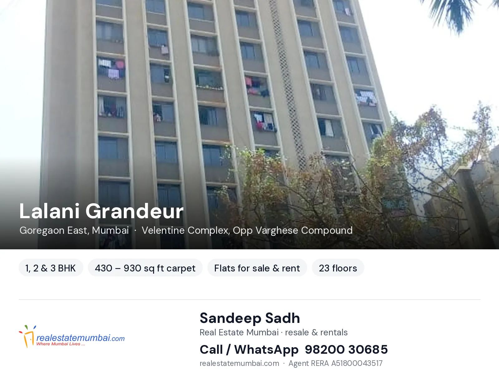 Lalani Grandeur, Goregaon East, Mumbai — 1, 2 & 3 BHK flats for sale & rent | Real Estate Mumbai, Sandeep Sadh 98200 30685