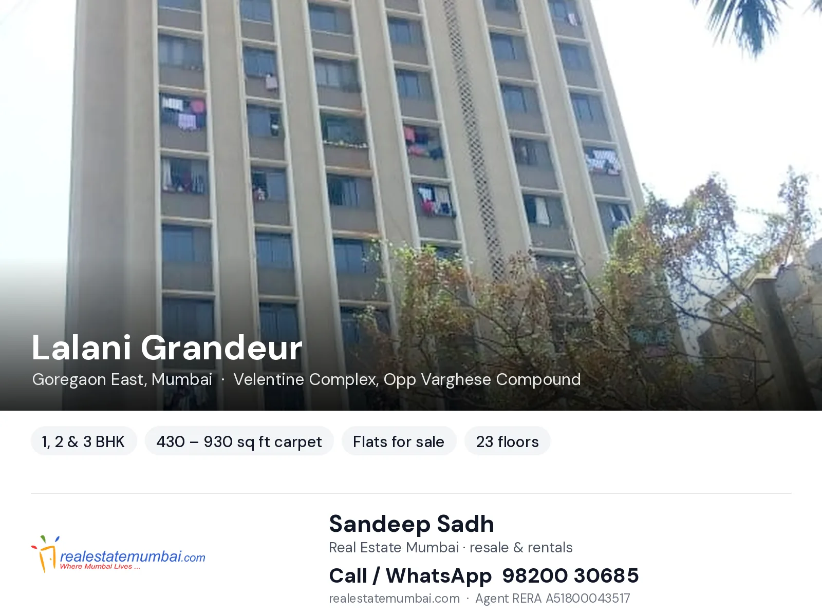 Lalani Grandeur, Goregaon East, Mumbai — 1, 2 & 3 BHK flats for sale | Real Estate Mumbai, Sandeep Sadh 98200 30685