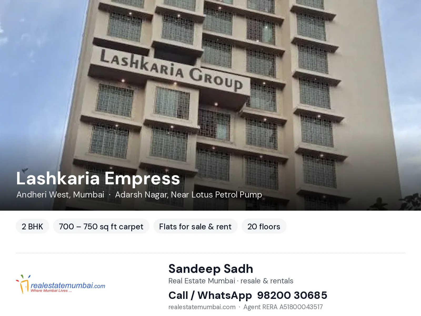 Lashkaria Empress, Andheri West, Mumbai — 2 BHK flats for sale & rent | Real Estate Mumbai, Sandeep Sadh 98200 30685