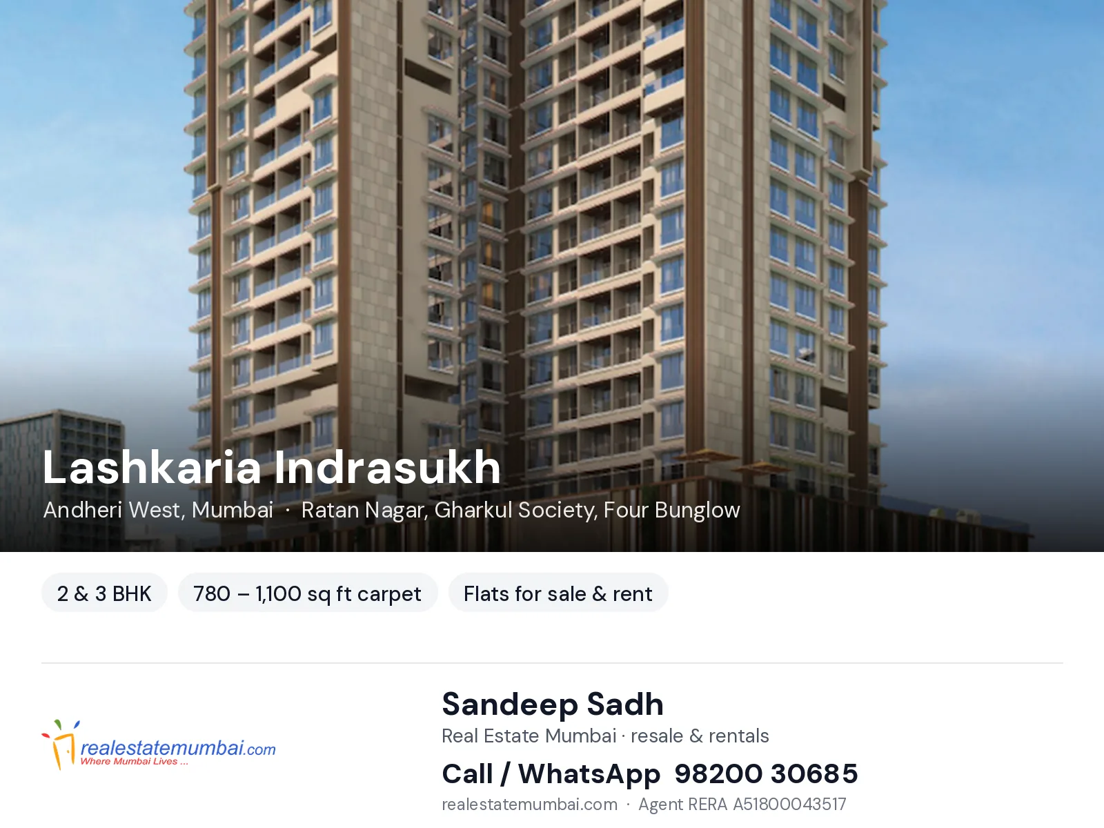 Lashkaria Indrasukh, Andheri West, Mumbai — 2 & 3 BHK flats for sale & rent | Real Estate Mumbai, Sandeep Sadh 98200 30685