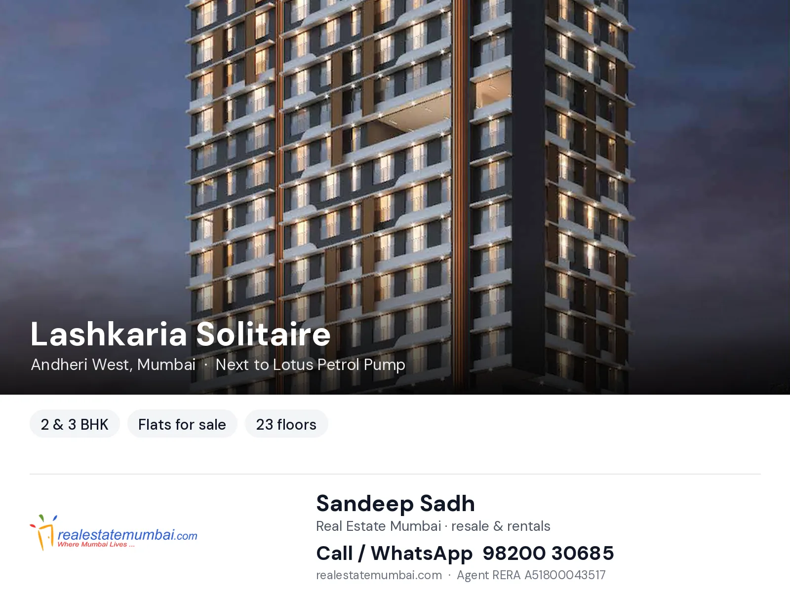 Lashkaria Solitaire, Andheri West, Mumbai — 2 & 3 BHK flats for sale | Real Estate Mumbai, Sandeep Sadh 98200 30685