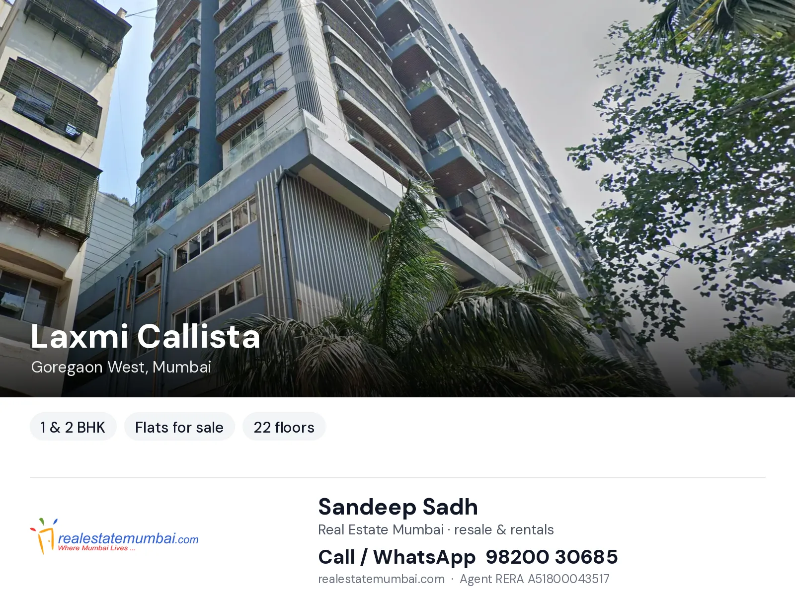 Laxmi Callista, Goregaon West, Mumbai — 1 & 2 BHK flats for sale | Real Estate Mumbai, Sandeep Sadh 98200 30685