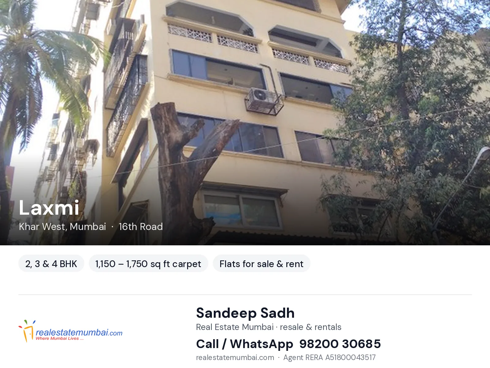 Laxmi, Khar West, Mumbai — 2, 3 & 4 BHK flats for sale & rent | Real Estate Mumbai, Sandeep Sadh 98200 30685