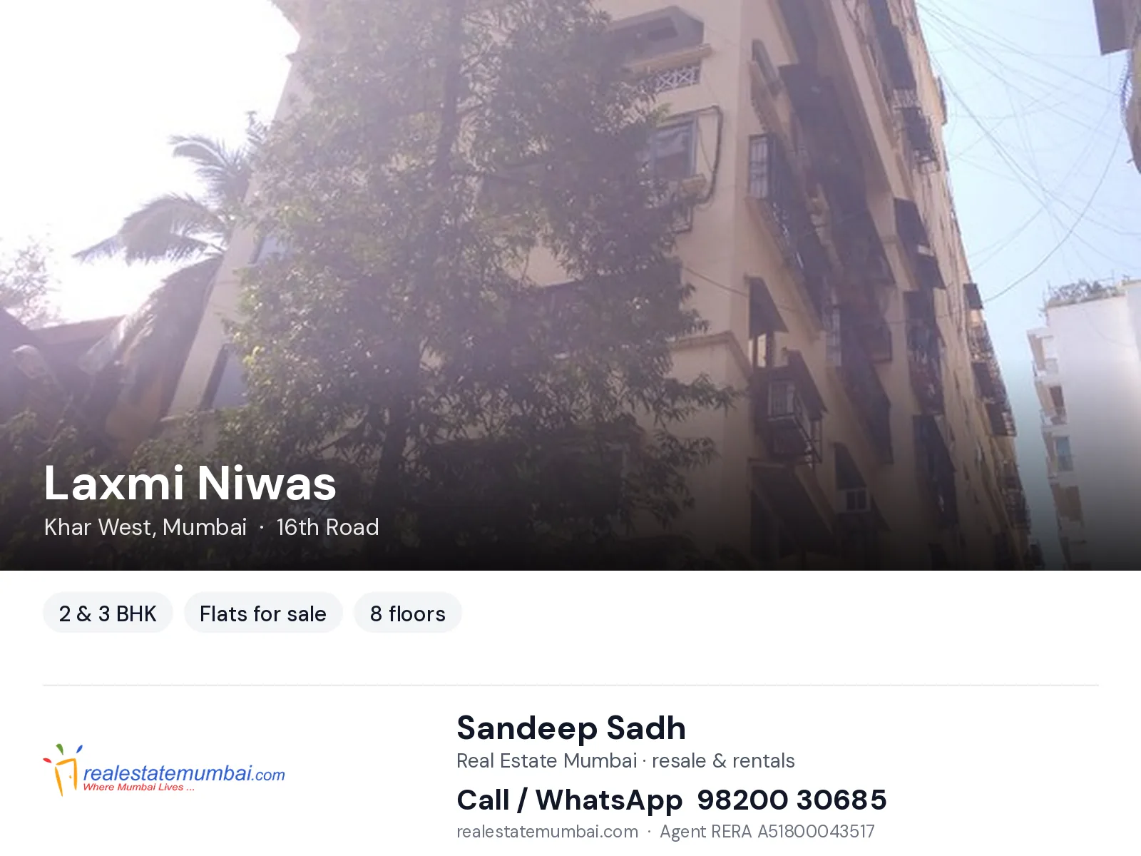 Laxmi Niwas, Khar West, Mumbai — 2 & 3 BHK flats for sale | Real Estate Mumbai, Sandeep Sadh 98200 30685