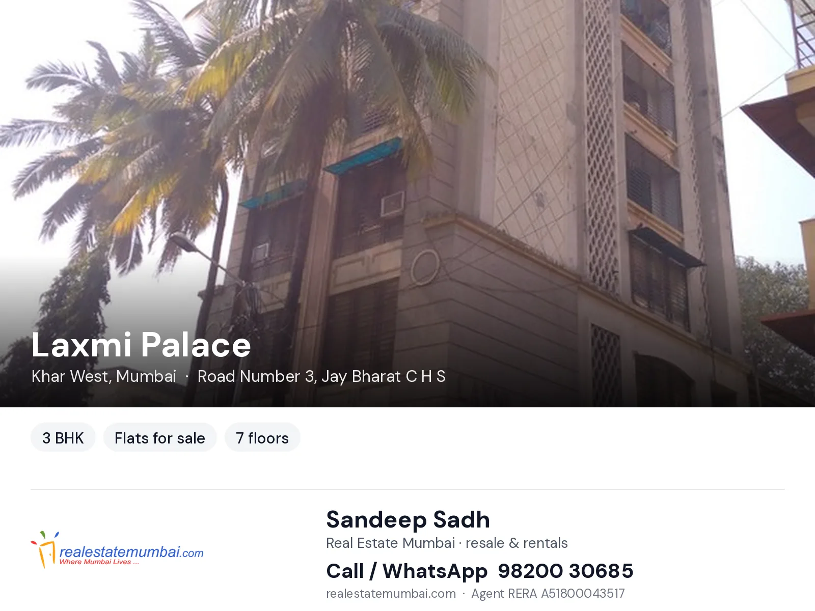 Laxmi Palace, Khar West, Mumbai — 3 BHK flats for sale | Real Estate Mumbai, Sandeep Sadh 98200 30685