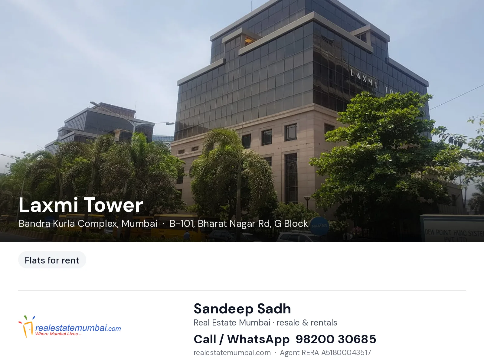 Laxmi Tower, Bandra Kurla Complex, Mumbai — flats for rent | Real Estate Mumbai, Sandeep Sadh 98200 30685