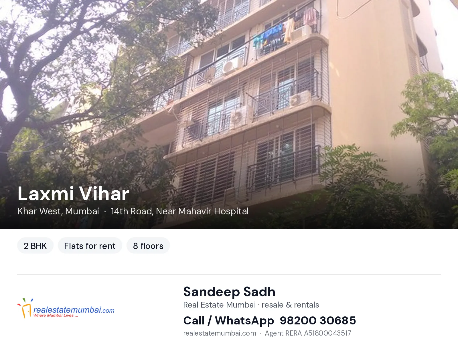 Laxmi Vihar, Khar West, Mumbai — 2 BHK flats for rent | Real Estate Mumbai, Sandeep Sadh 98200 30685