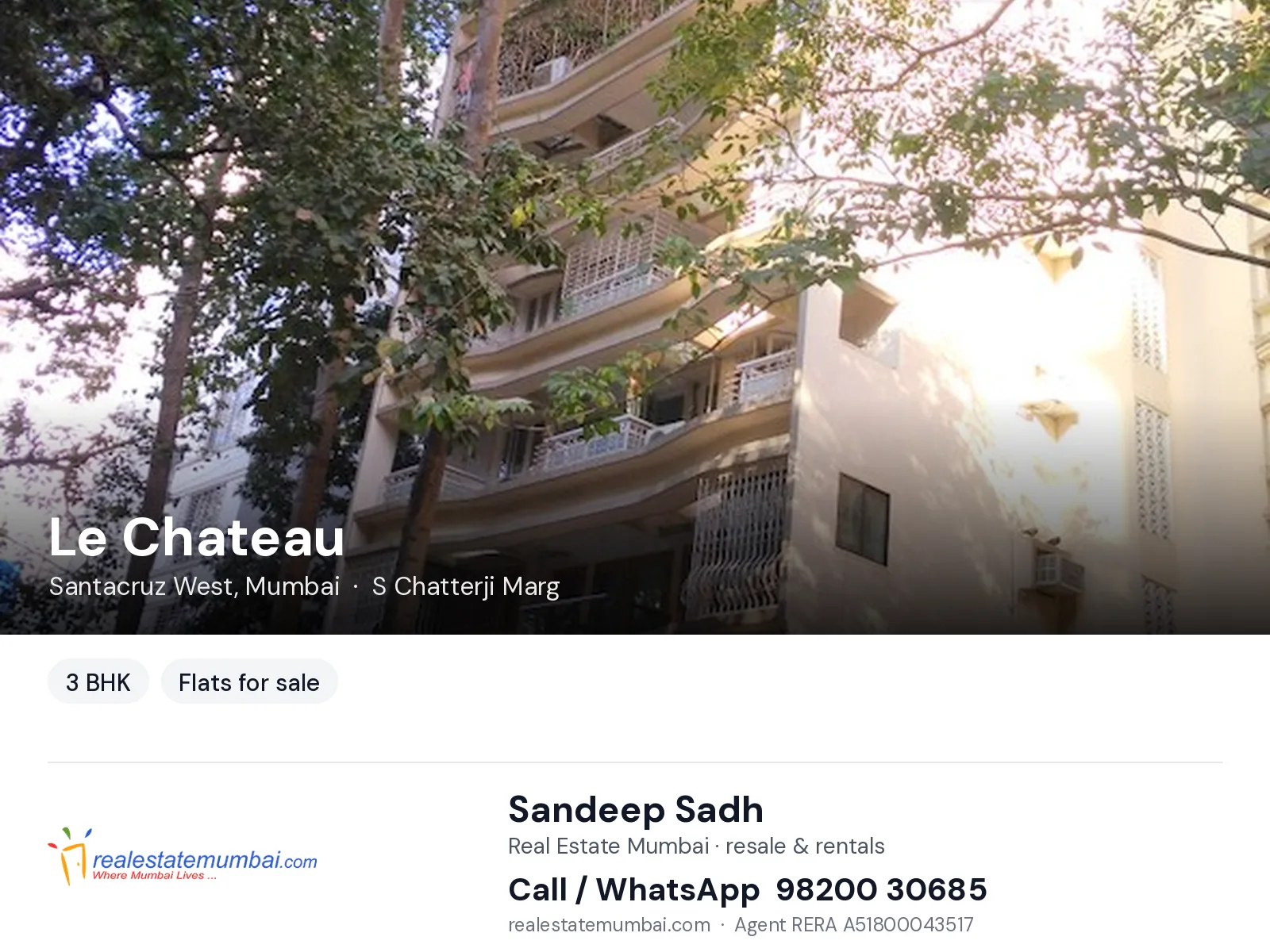 Le Chateau, Santacruz West, Mumbai — 3 BHK flats for sale | Real Estate Mumbai, Sandeep Sadh 98200 30685