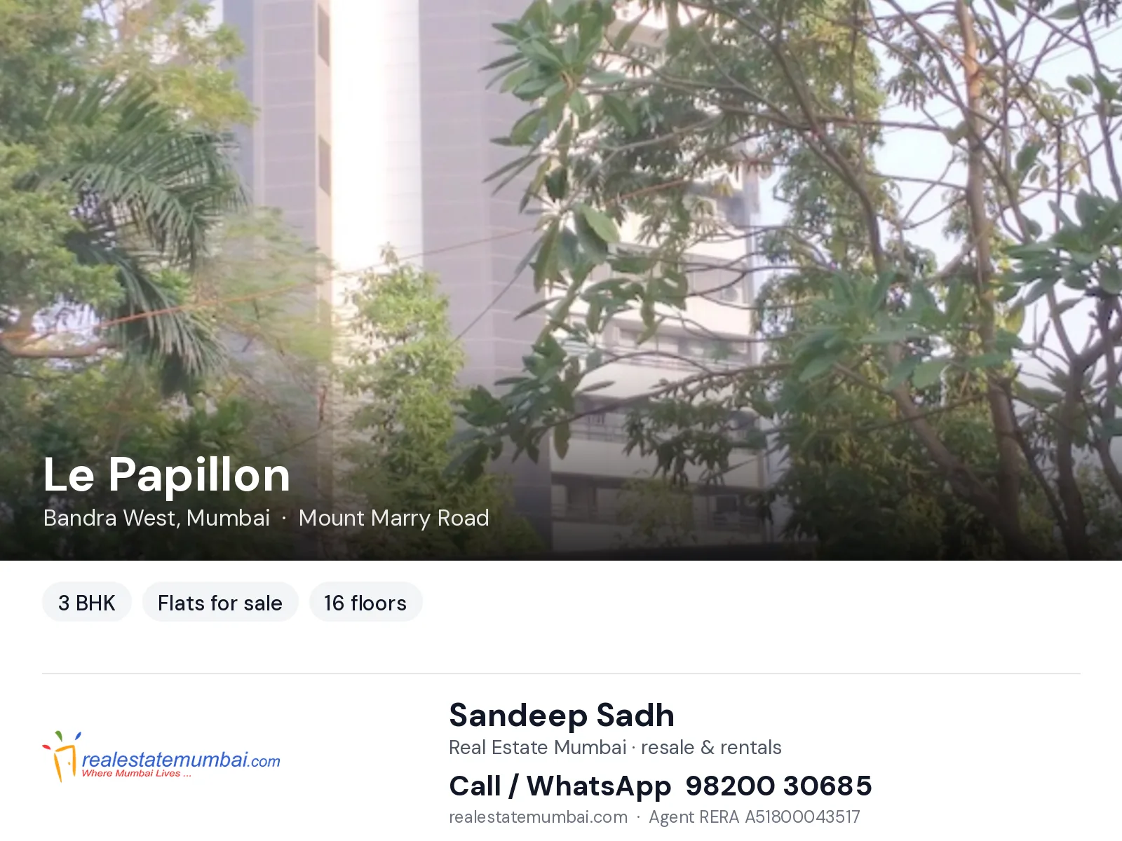 Le Papillon, Bandra West, Mumbai — 3 BHK flats for sale | Real Estate Mumbai, Sandeep Sadh 98200 30685