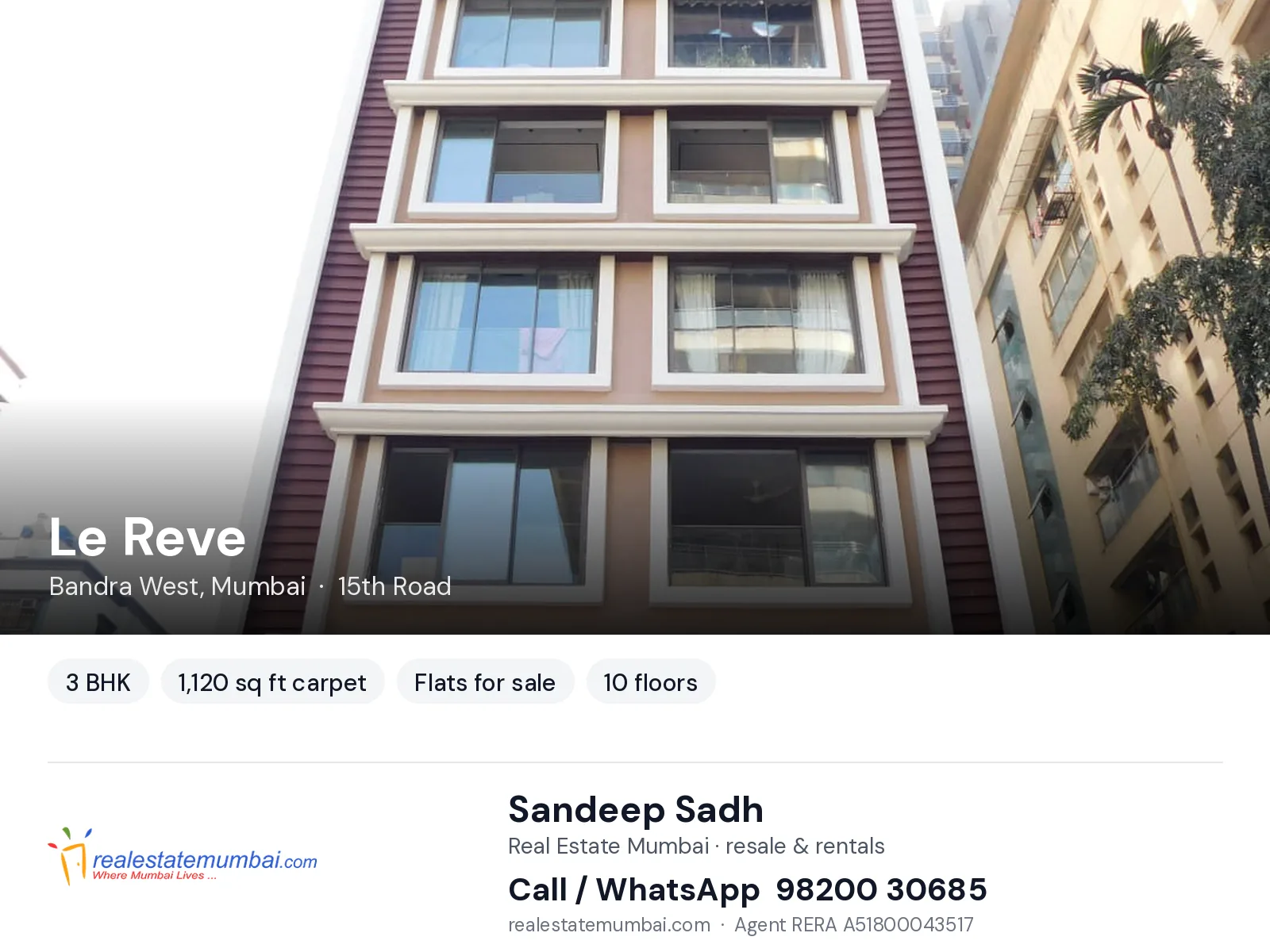 Le Reve, Bandra West, Mumbai — 3 BHK flats for sale | Real Estate Mumbai, Sandeep Sadh 98200 30685