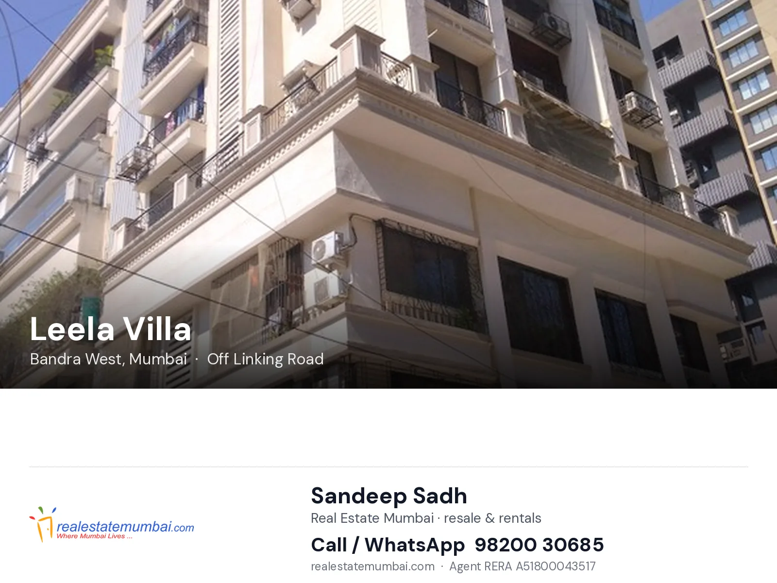 Leela Villa, Bandra West, Mumbai — flats | Real Estate Mumbai, Sandeep Sadh 98200 30685