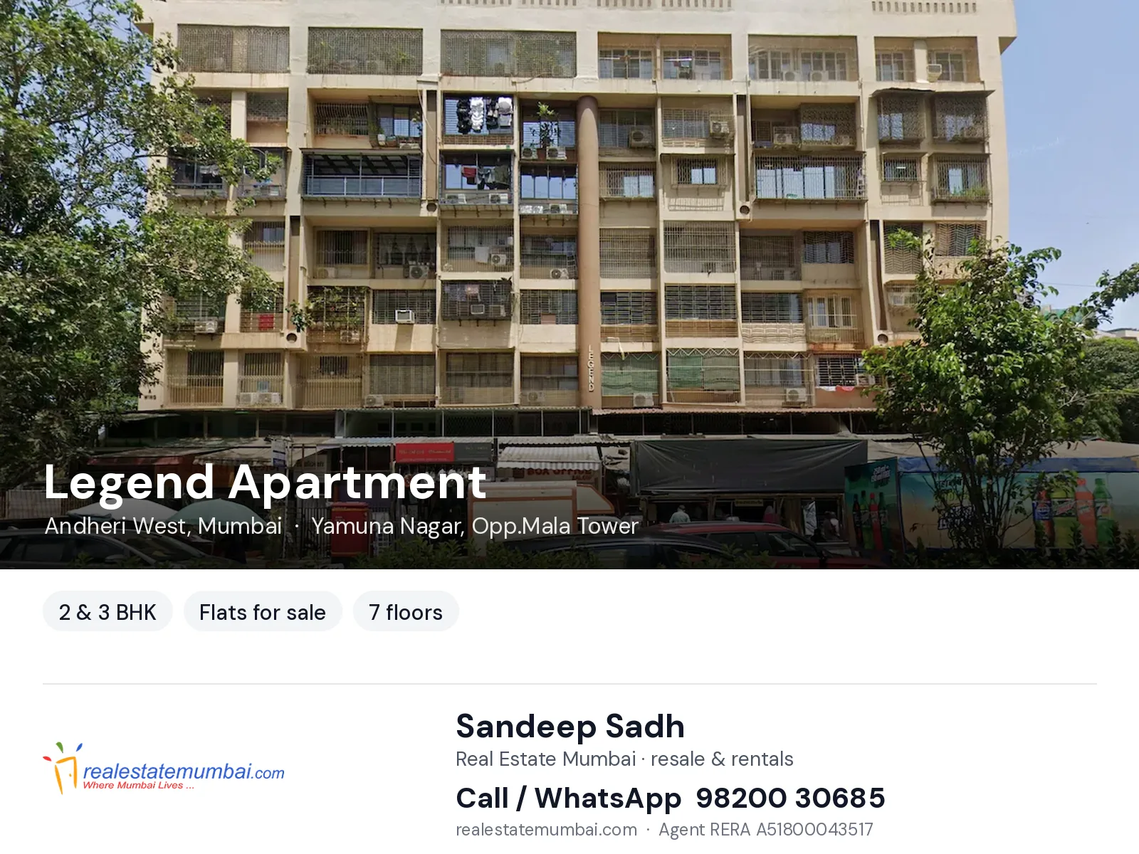 Legend Apartment, Andheri West, Mumbai — 2 & 3 BHK flats for sale | Real Estate Mumbai, Sandeep Sadh 98200 30685