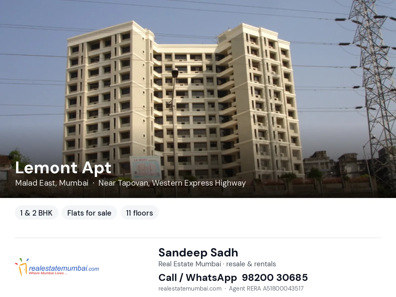 Lemont Apt, Malad East, Mumbai — 1 & 2 BHK flats for sale | Real Estate Mumbai, Sandeep Sadh 98200 30685