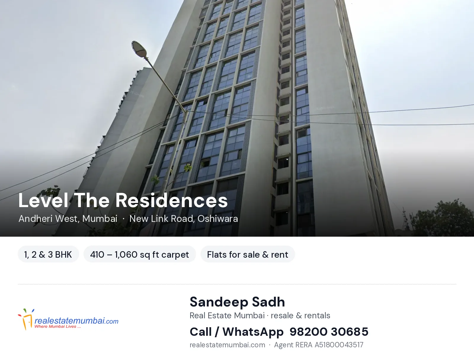 Level The Residences, Andheri West, Mumbai — 1, 2 & 3 BHK flats for sale & rent | Real Estate Mumbai, Sandeep Sadh 98200 30685