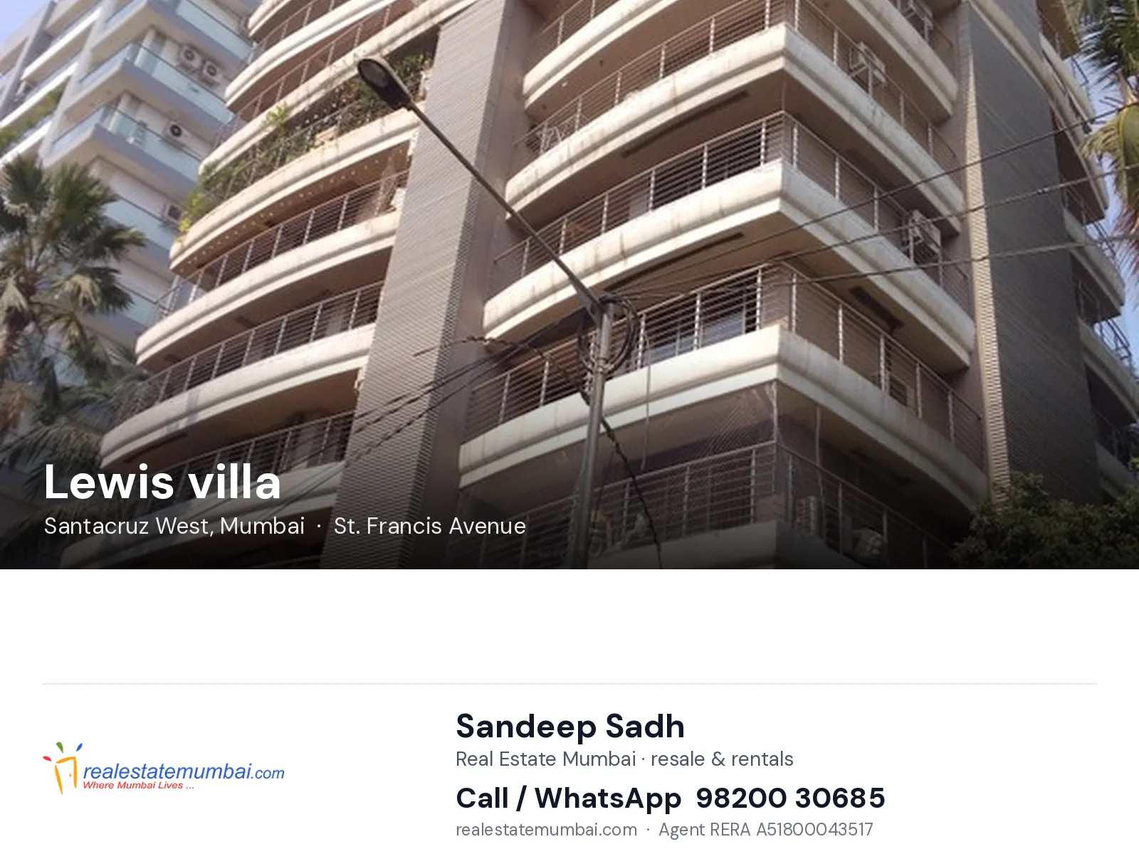 Lewis villa, Santacruz West, Mumbai — flats | Real Estate Mumbai, Sandeep Sadh 98200 30685