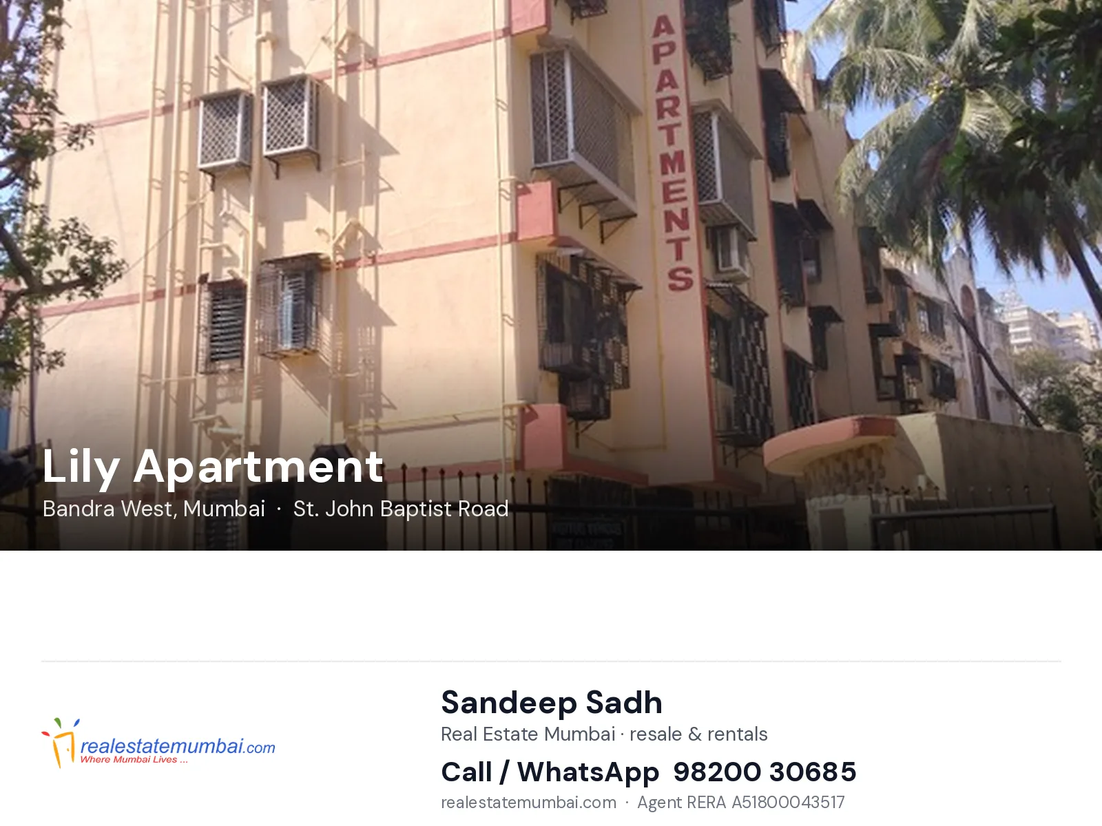Lily Apartment, Bandra West, Mumbai — flats | Real Estate Mumbai, Sandeep Sadh 98200 30685