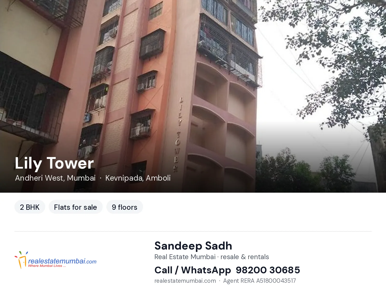 Lily Tower, Andheri West, Mumbai — 2 BHK flats for sale | Real Estate Mumbai, Sandeep Sadh 98200 30685