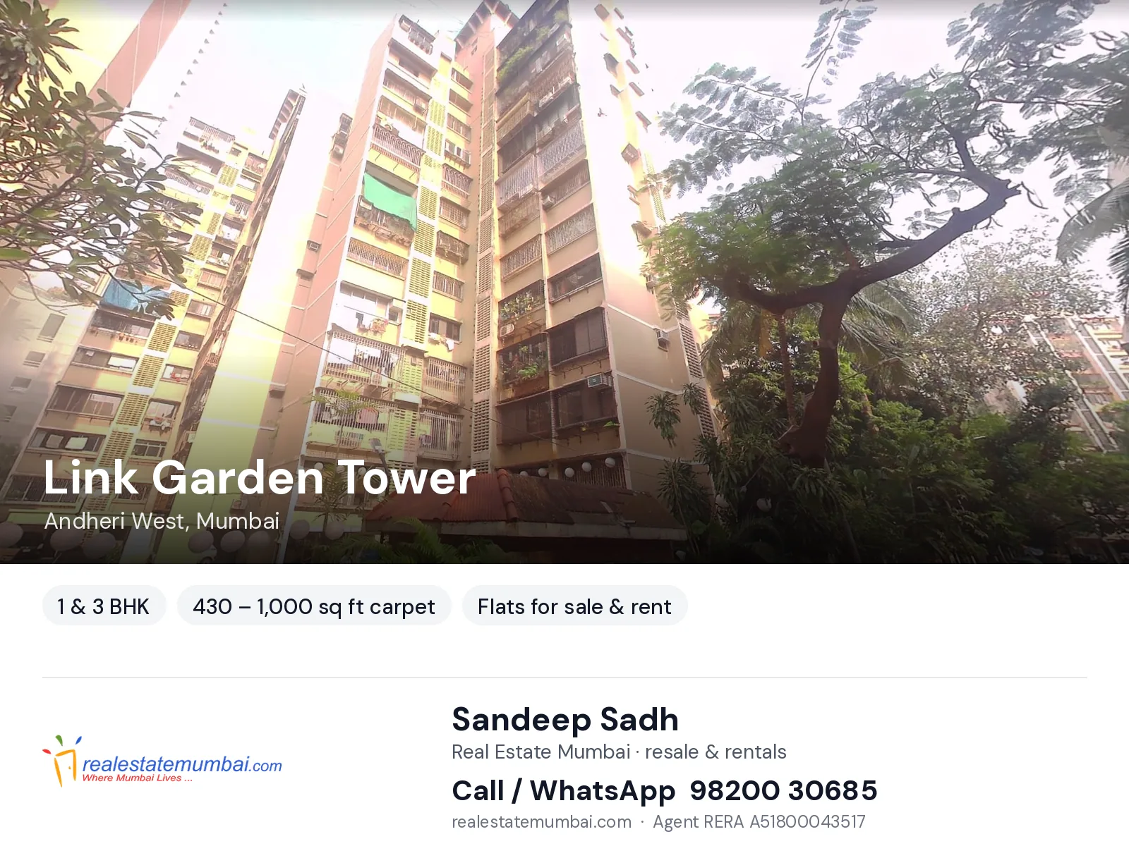 Link Garden Tower, Andheri West, Mumbai — 1 & 3 BHK flats for sale & rent | Real Estate Mumbai, Sandeep Sadh 98200 30685