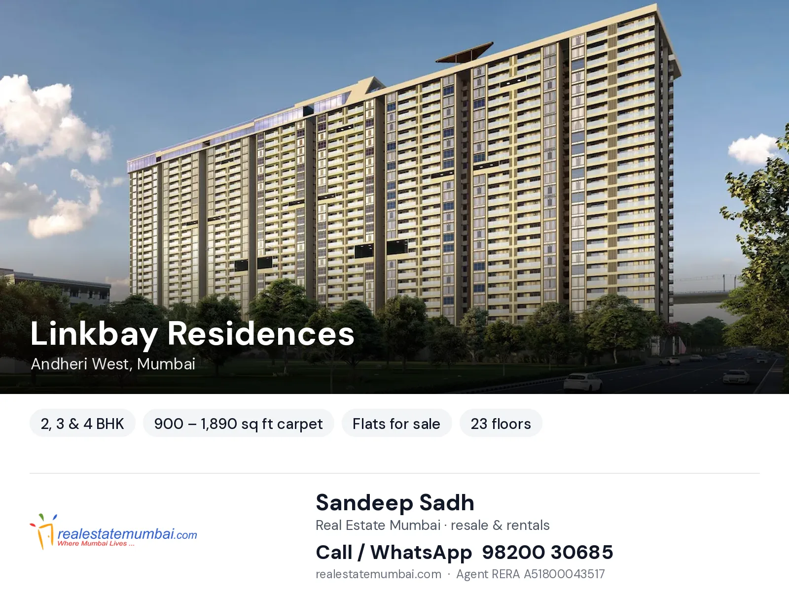 Linkbay Residences, Andheri West, Mumbai — 2, 3 & 4 BHK flats for sale | Real Estate Mumbai, Sandeep Sadh 98200 30685