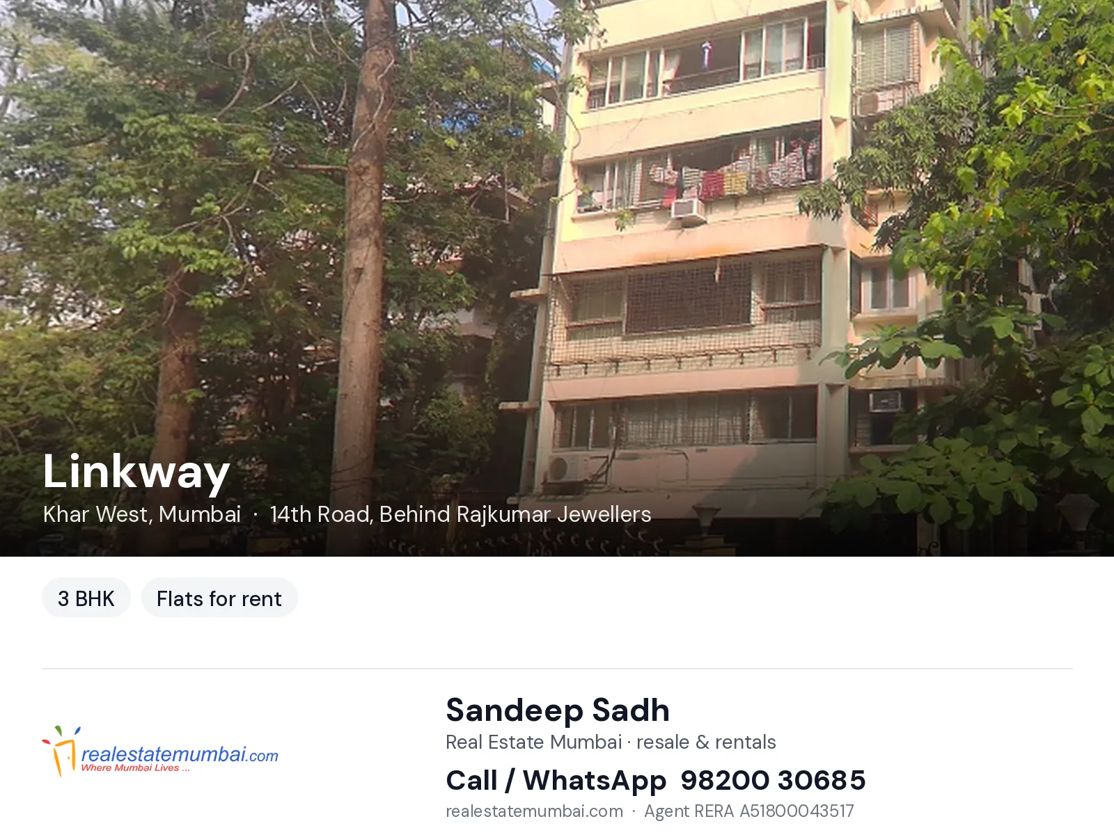 Linkway, Khar West, Mumbai — 3 BHK flats for rent | Real Estate Mumbai, Sandeep Sadh 98200 30685