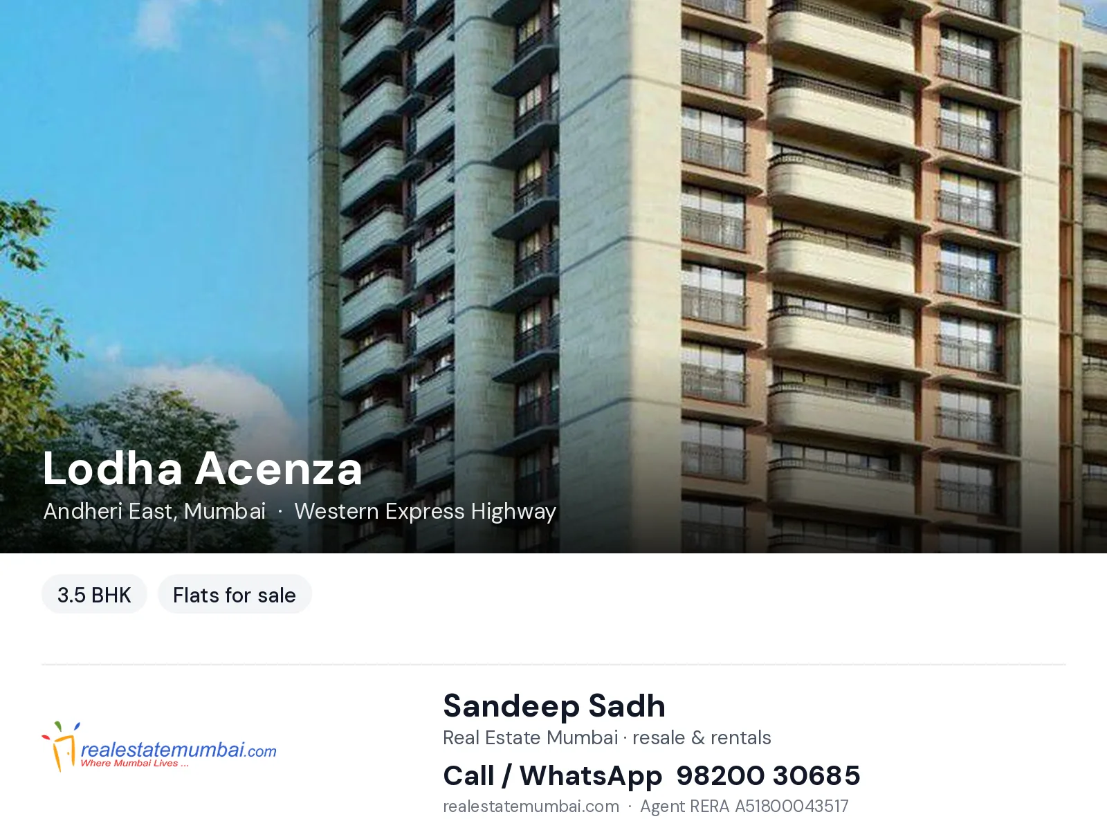 Lodha Acenza, Andheri East, Mumbai — 3.5 BHK flats for sale | Real Estate Mumbai, Sandeep Sadh 98200 30685