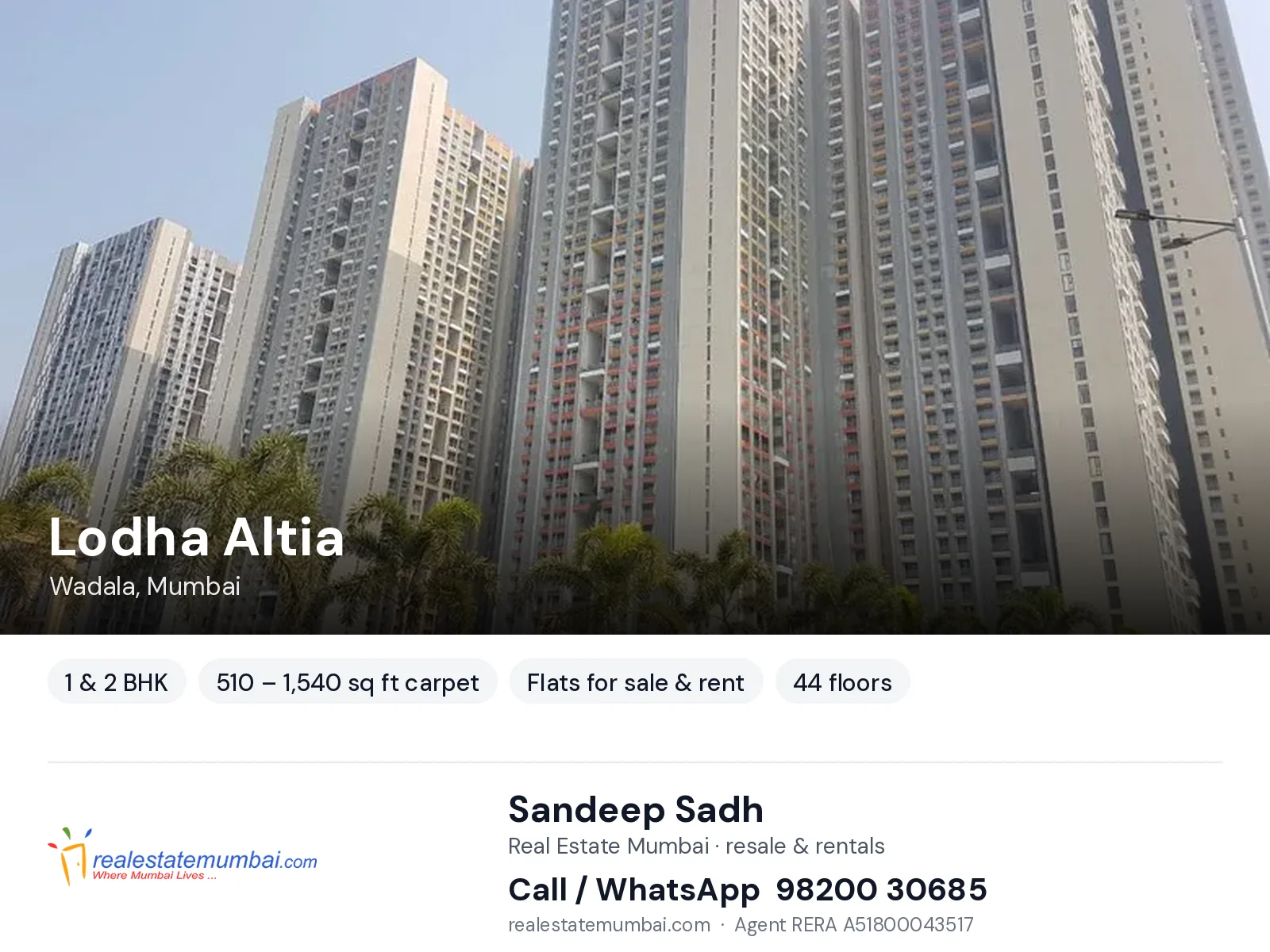 Lodha Altia, Wadala, Mumbai — 1 & 2 BHK flats for sale & rent | Real Estate Mumbai, Sandeep Sadh 98200 30685