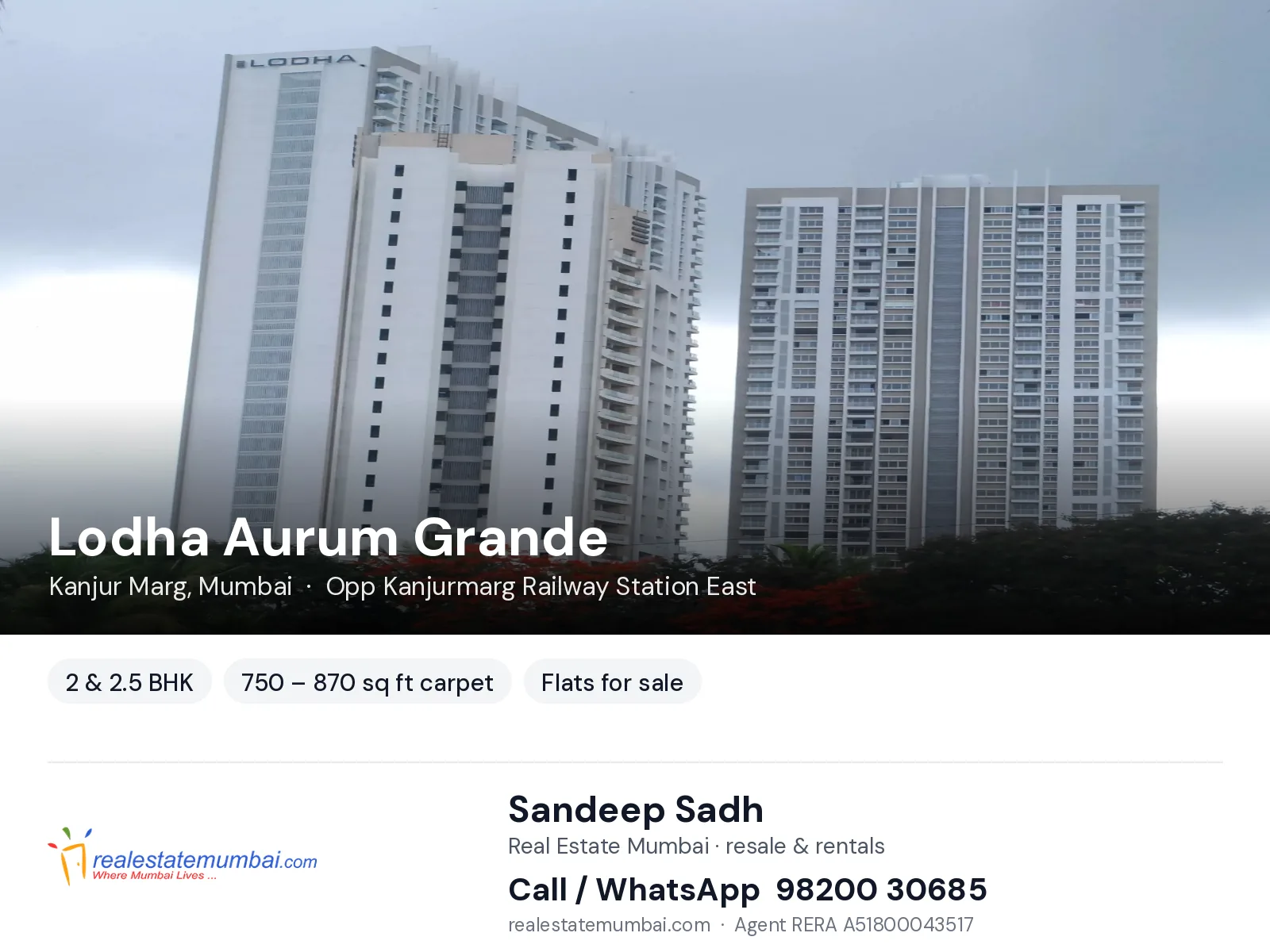 Lodha Aurum Grande, Kanjur Marg, Mumbai — 2 & 2.5 BHK flats for sale | Real Estate Mumbai, Sandeep Sadh 98200 30685
