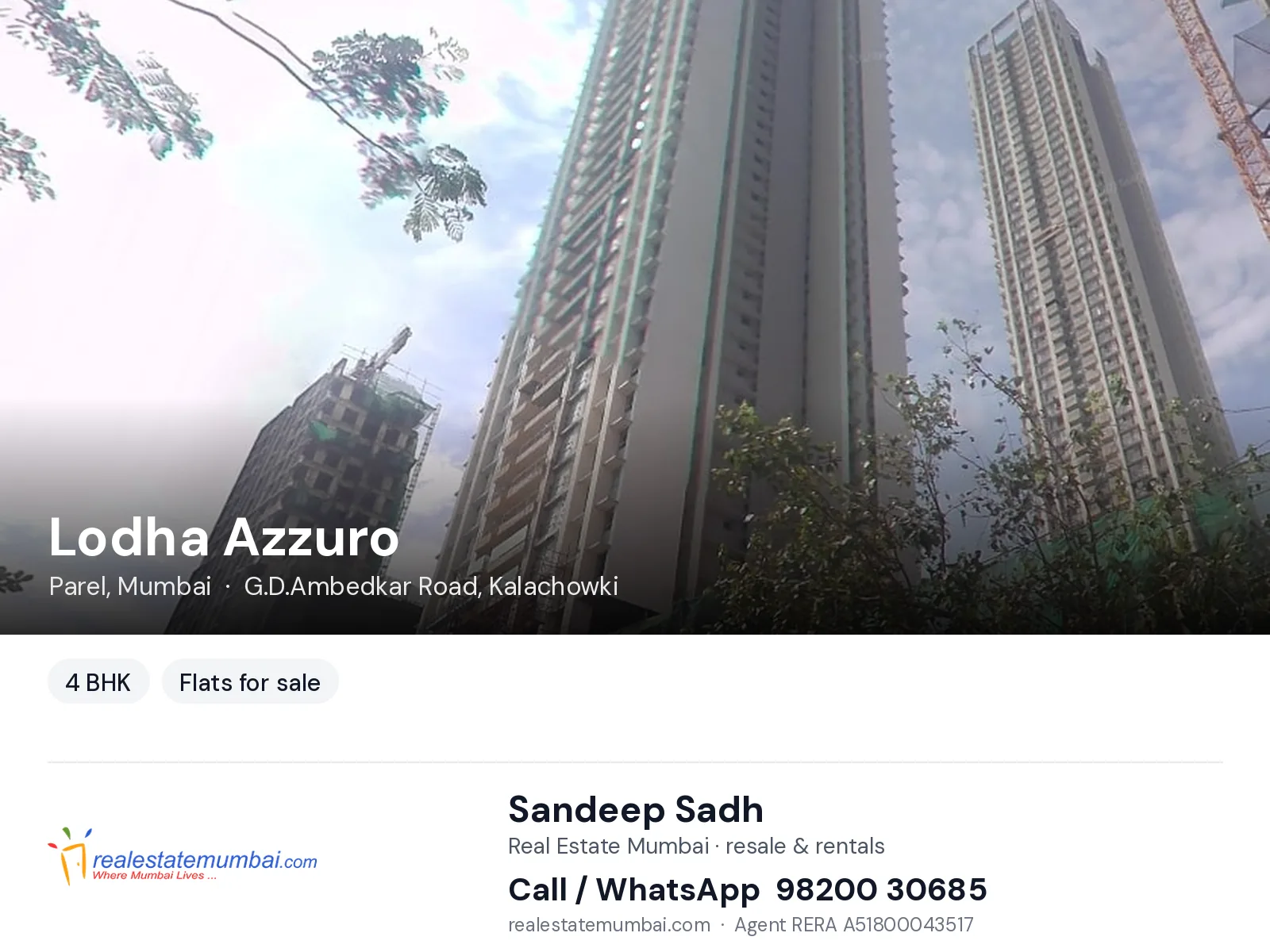 Lodha Azzuro, Parel, Mumbai — 4 BHK flats for sale | Real Estate Mumbai, Sandeep Sadh 98200 30685