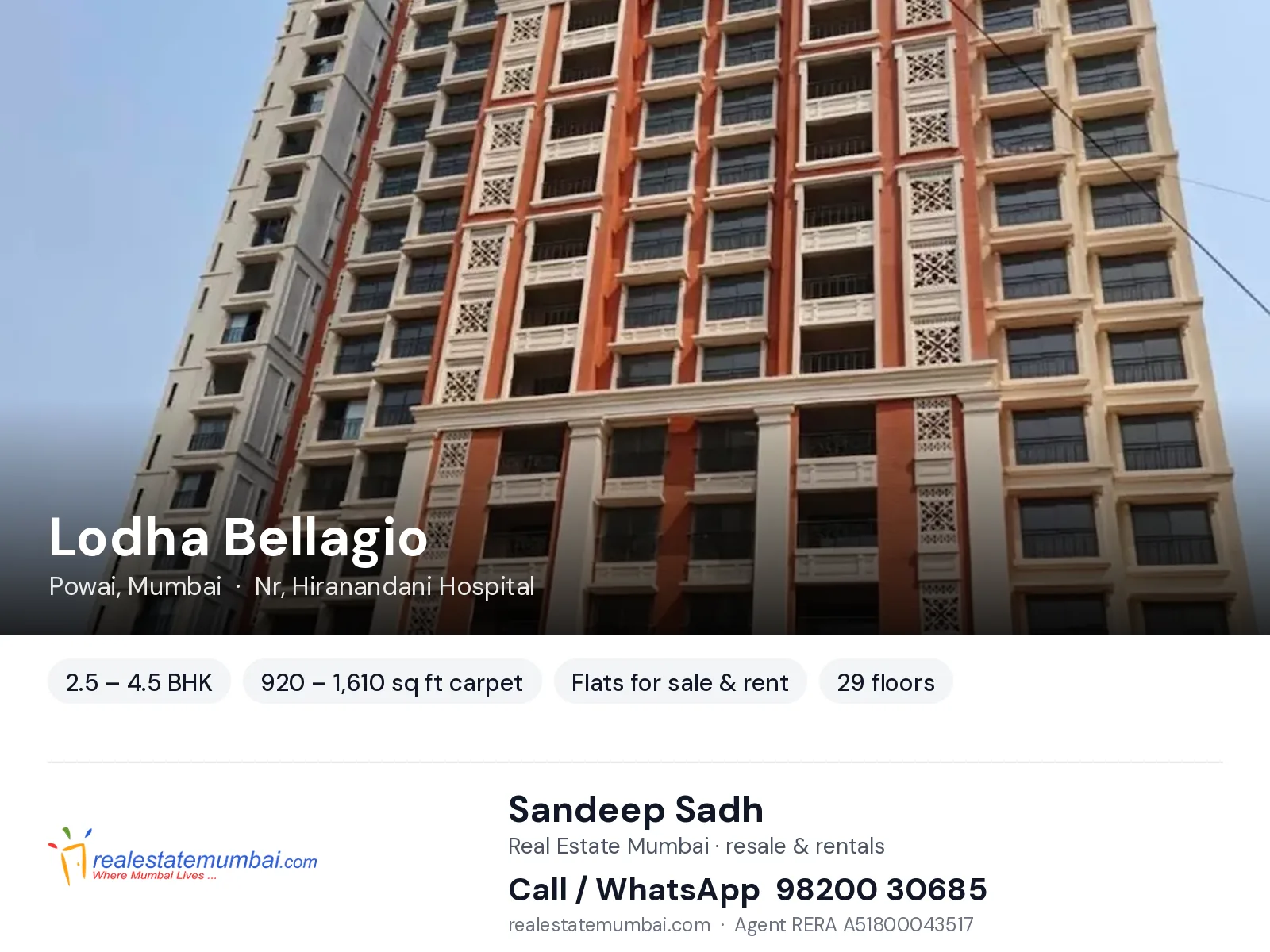 Lodha Bellagio, Powai, Mumbai — 2.5 – 4.5 BHK flats for sale & rent | Real Estate Mumbai, Sandeep Sadh 98200 30685