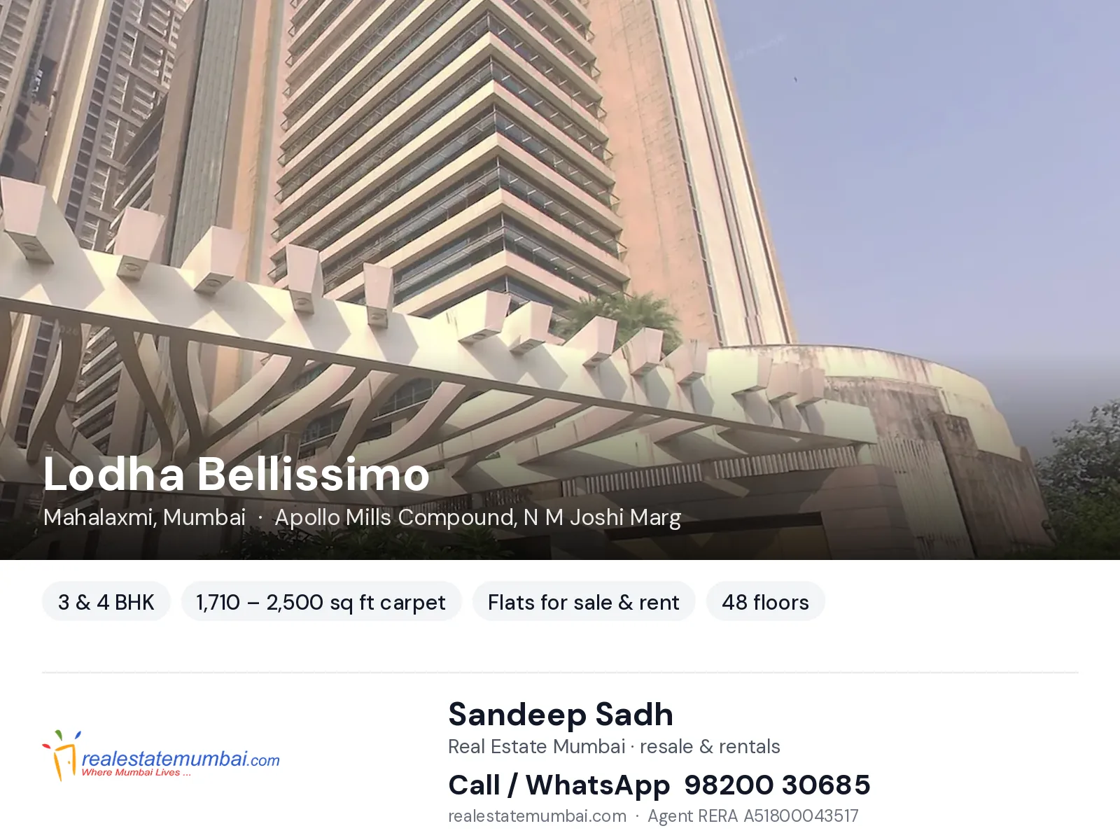 Lodha Bellissimo, Mahalaxmi, Mumbai — 3 & 4 BHK flats for sale & rent | Real Estate Mumbai, Sandeep Sadh 98200 30685