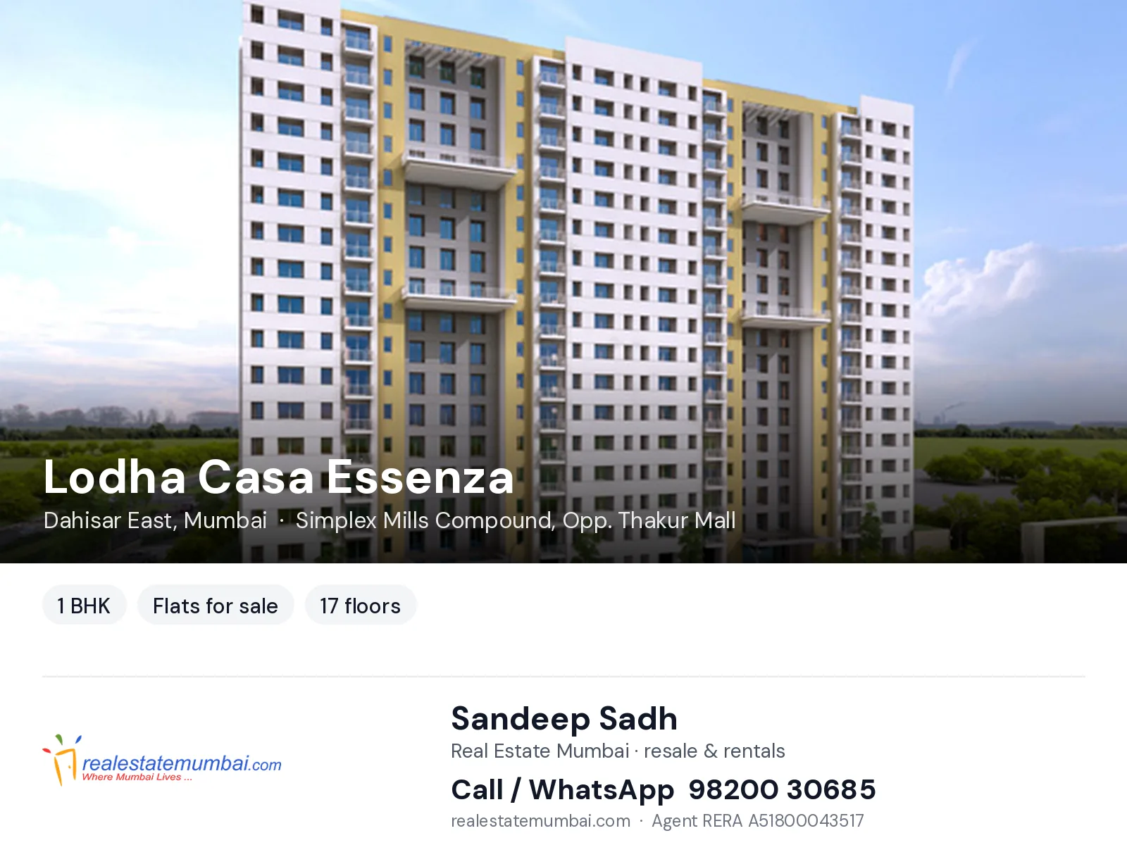 Lodha Casa Essenza, Dahisar East, Mumbai — 1 BHK flats for sale | Real Estate Mumbai, Sandeep Sadh 98200 30685