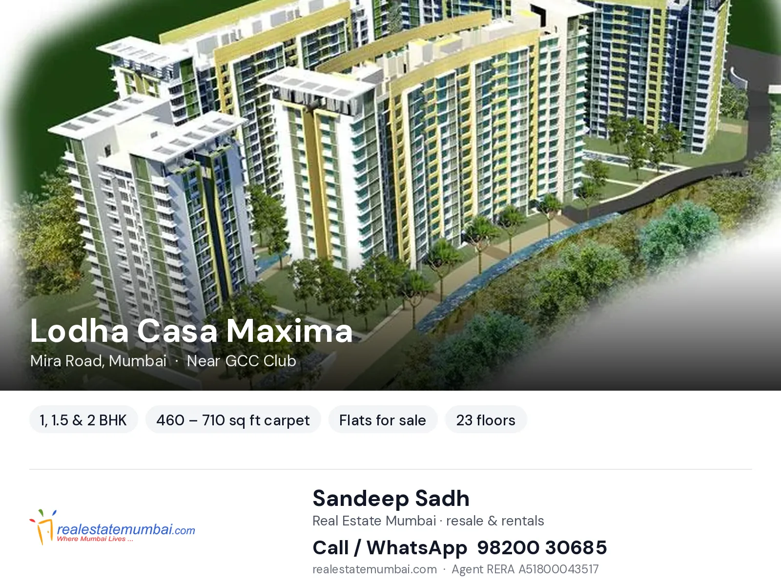 Lodha Casa Maxima, Mira Road, Mumbai — 1, 1.5 & 2 BHK flats for sale | Real Estate Mumbai, Sandeep Sadh 98200 30685
