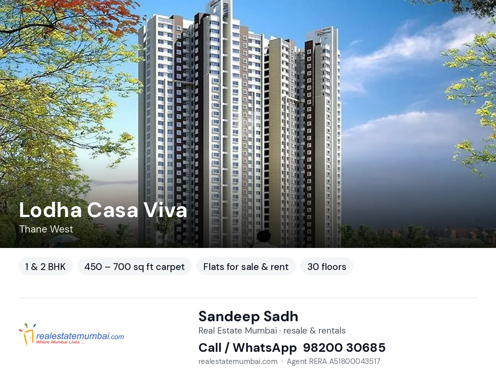Lodha Casa Viva, Thane West — 1 & 2 BHK flats for sale & rent | Real Estate Mumbai, Sandeep Sadh 98200 30685