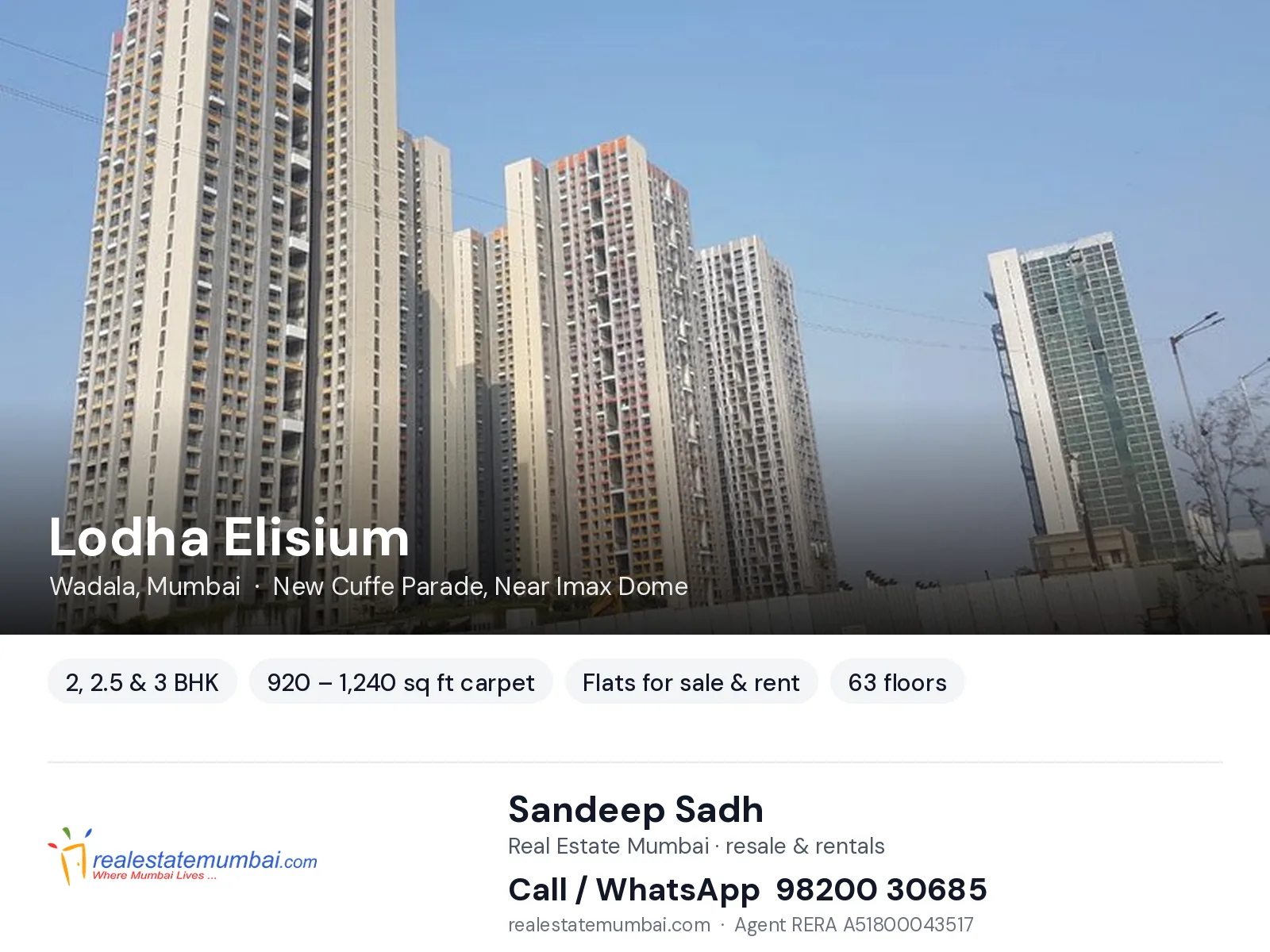 Lodha Elisium, Wadala, Mumbai — 2, 2.5 & 3 BHK flats for sale & rent | Real Estate Mumbai, Sandeep Sadh 98200 30685