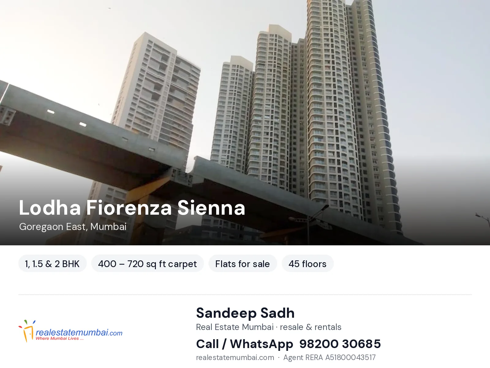 Lodha Fiorenza Sienna, Goregaon East, Mumbai — 1, 1.5 & 2 BHK flats for sale | Real Estate Mumbai, Sandeep Sadh 98200 30685