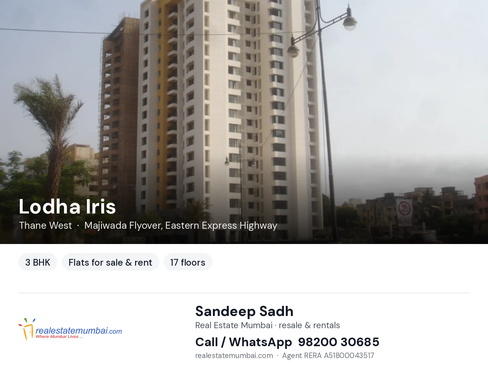 Lodha Iris, Thane West — 3 BHK flats for sale & rent | Real Estate Mumbai, Sandeep Sadh 98200 30685